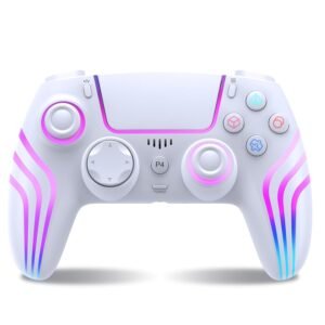 SWCTIM wireless controller for PS4 with white and pink gradient design, dual analog sticks, and turbo function. Reviewed by Gaming Extra Reviews.