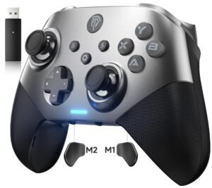 EasySMX X10 Gaming Controller with wireless USB dongle and rear M1/M2 programmable back buttons, designed for multi-platform gaming. Reviewed by Gaming Extra Reviews.
