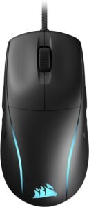 Corsair M75 wired RGB lightweight FPS gaming mouse with sleek black design and subtle blue lighting accents.