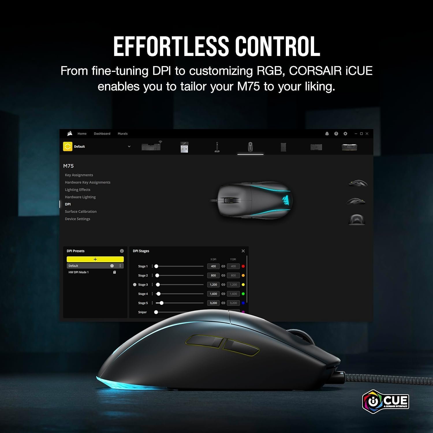 Corsair M75 wired RGB lightweight FPS gaming mouse with customization options shown in the CORSAIR iCUE software interface.