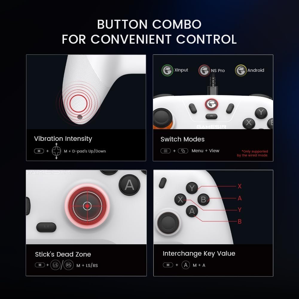 GameSir Nova Lite controller feature chart showing vibration intensity adjustment, mode switching (XInput, NS Pro, Android), stick dead zone tuning, and interchangeable key values. Reviewed by Gaming Extra Reviews.