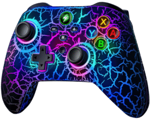 NinjaPlusOX Wireless Switch Pro Controller for Nintendo Switch with illuminated ABXY buttons and a colorful cracked design.