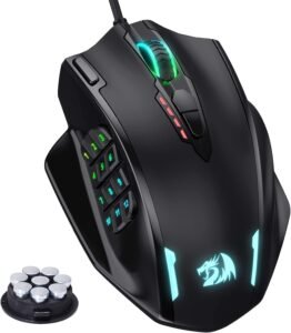 Redragon M908 Impact RGB LED MMO Gaming Mouse with side programmable buttons and adjustable weight tuning set.