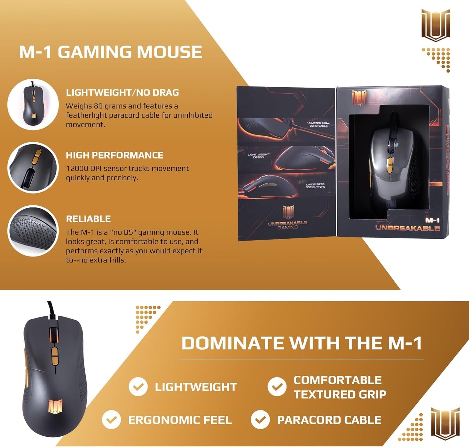 Unbreakable Gaming M-1 Wired Gaming Mouse Features