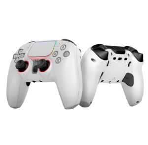 Pair of white wireless game controllers shown from front and back, with colorful edge lighting and black analog sticks