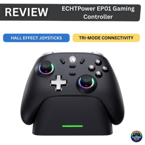 Product photo of the EC Power EP01 gaming controller on a charging stand with RGB-lit thumbsticks and review banners nearby.