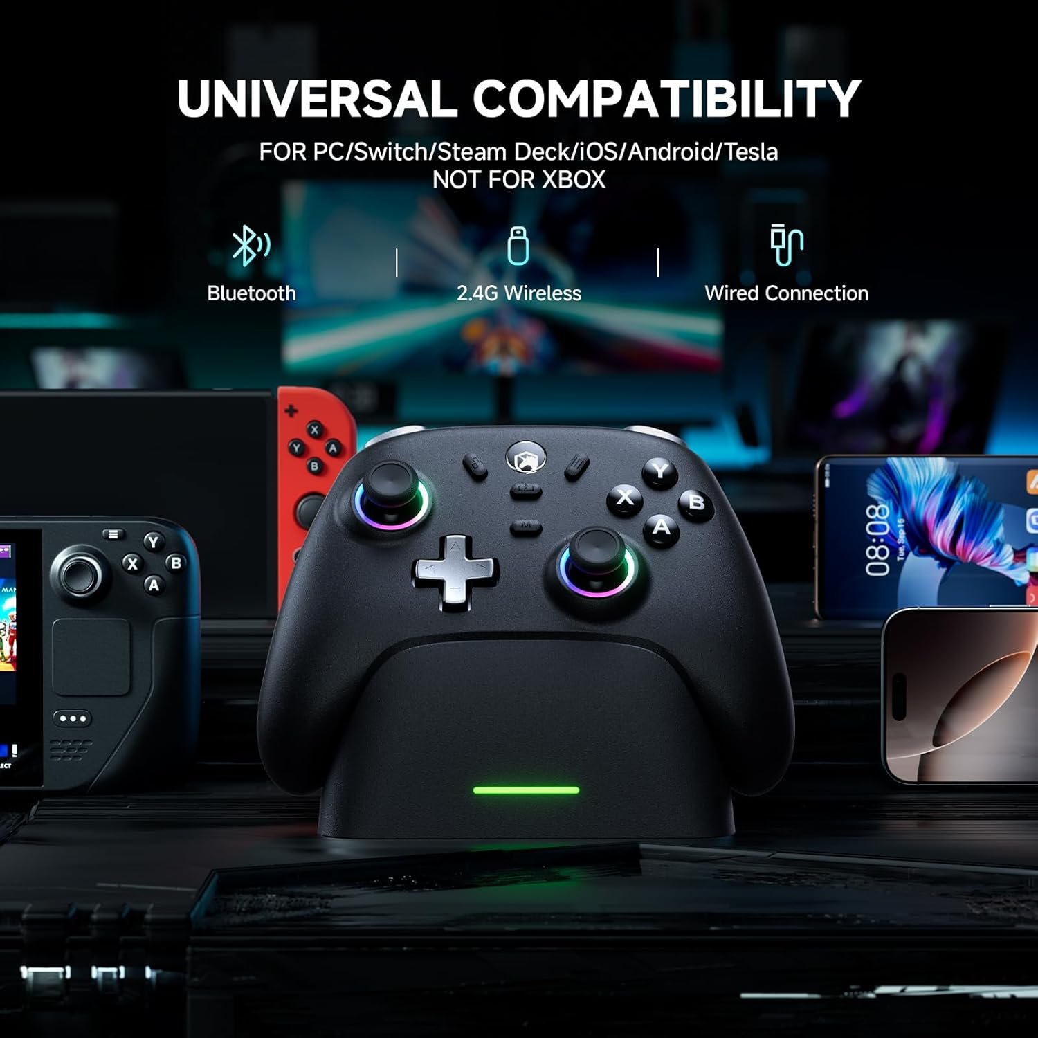 Center-front gaming controller dock with a green status light, flanked by handheld consoles and smartphones, under a 'Universal Compatibility' banner