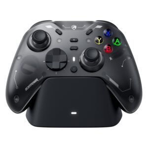 Close-up of a gray game controller with dual analog sticks, a D-pad, and colored A, B, X, Y buttons on a charging stand