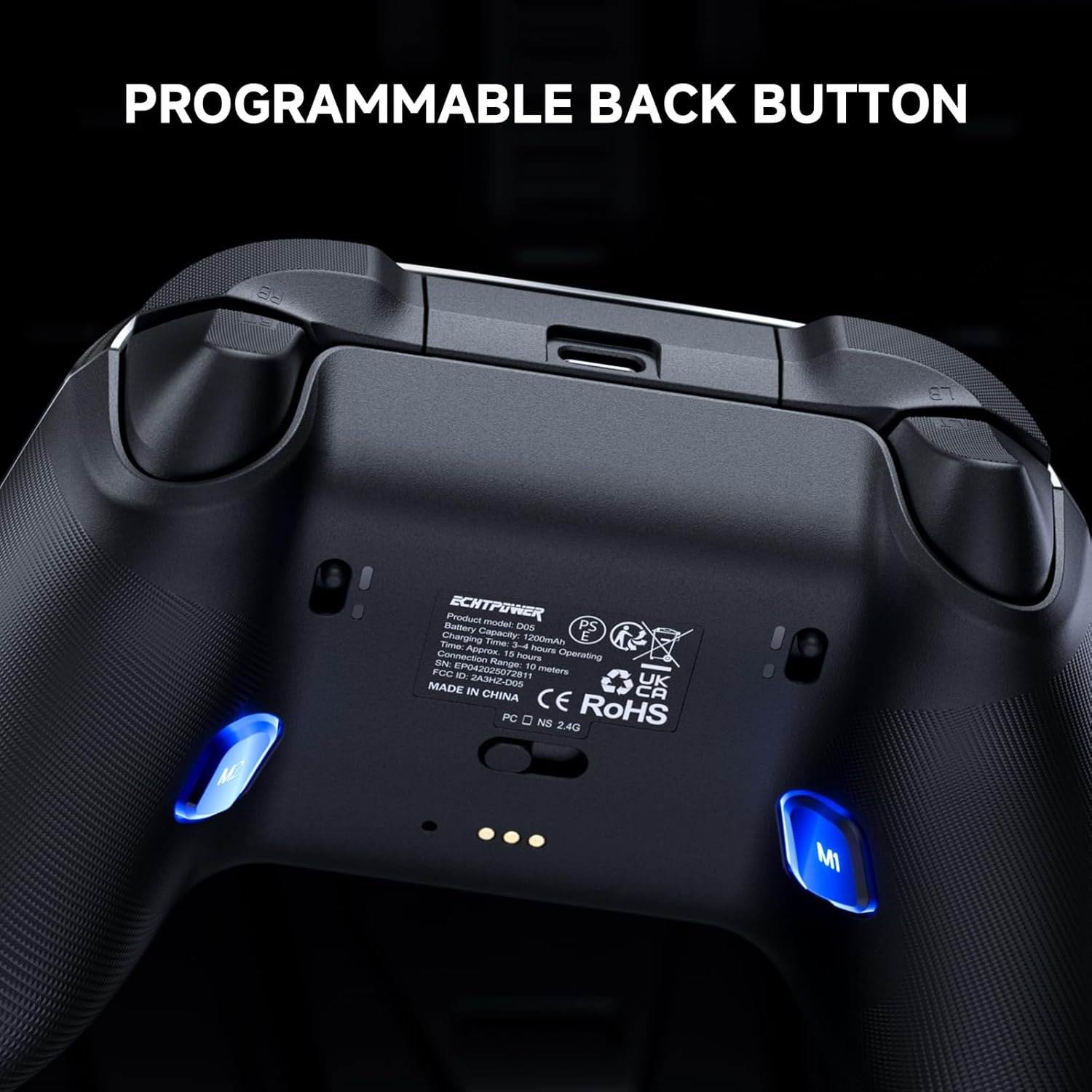 Back view of a gaming controller highlighting the programmable back button area with M1 and M2 blue buttons visible on the grips.