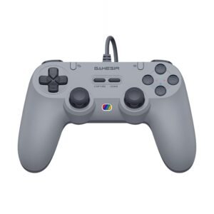 Gray wired game controller with D-pad on the left, dual analog sticks, and A/B/X/Y buttons on the right.