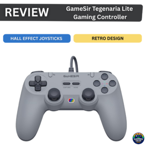 Review banner for GameSir Tegenaria Lite gaming controller; blue 'HALL EFFECT JOYSTICKS' and yellow 'RETRO DESIGN' tabs with a front view of the gray wired controller.