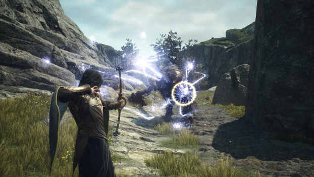 Archer in dark armor and cape fires a bow at a glowing circular energy shield erupting sparks in a rocky valley.