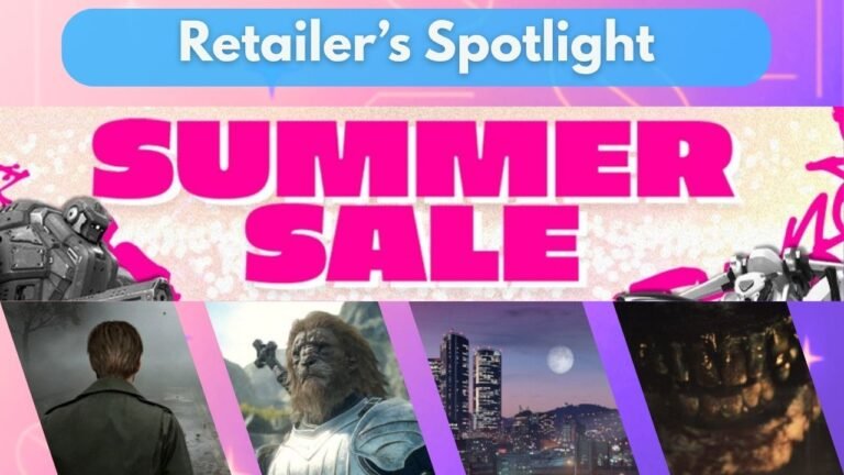 Bright promotional banner with 'Retailer’s Spotlight' and bold 'SUMMER SALE' text, featuring a pink collage and diagonal image panels of diverse scenes.