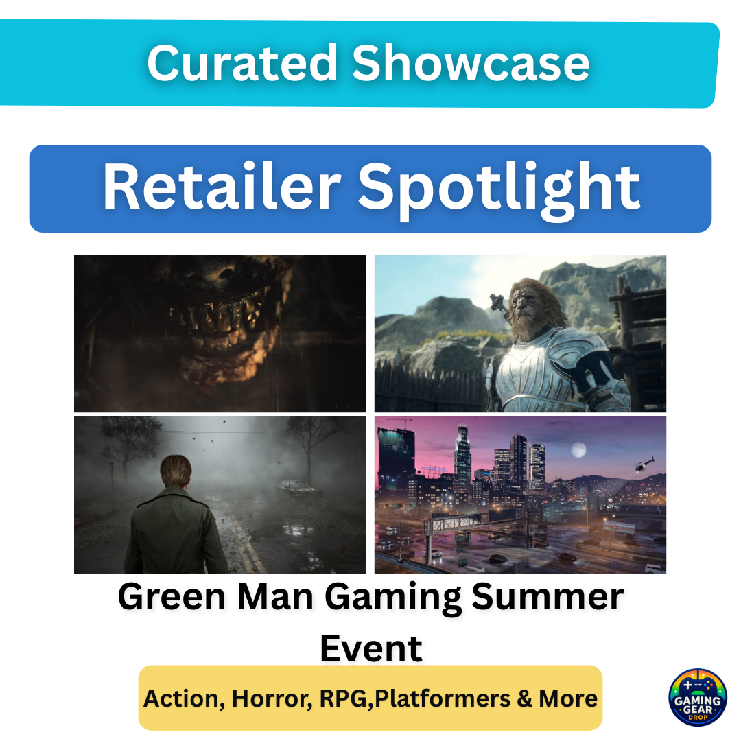 Promotional poster for Green Man Gaming Summer Event: banners 'Curated Showcase' and 'Retailer Spotlight', a 4-game collage (monster, knight, foggy road, city skyline), title text and yellow badge with genres, Gaming Gear Drop logo.