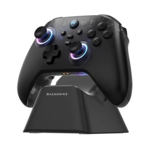 Black game controller with glowing blue/purple thumbstick rings resting on a stand labeled MACHENIKE, close-up shot.