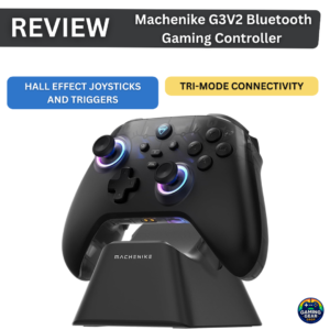 Banner for a Machenike G3V2 Bluetooth controller review, showing a black controller on a stand with glowing blue joysticks; callouts read 'HALL EFFECT JOYSTICKS AND TRIGGERS' and 'TRI-MODE CONNECTIVITY'.