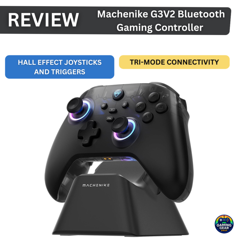 Banner for a Machenike G3V2 Bluetooth controller review, showing a black controller on a stand with glowing blue joysticks; callouts read 'HALL EFFECT JOYSTICKS AND TRIGGERS' and 'TRI-MODE CONNECTIVITY'.