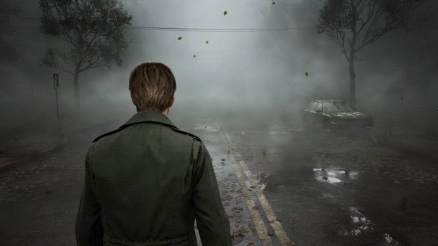 Back view of a person in a green coat standing in a smoke-filled, deserted street with a car to the right and wet pavement.