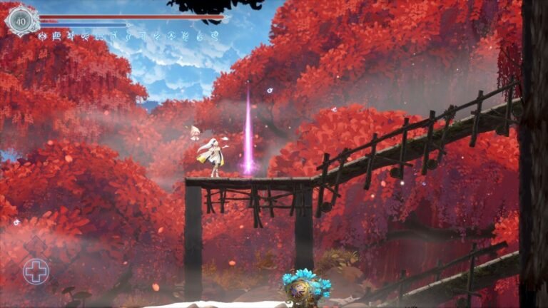 Heroine on a broken wooden bridge surrounded by red autumn trees, casting a pink beam in a fantasy game scene with UI at the top left.