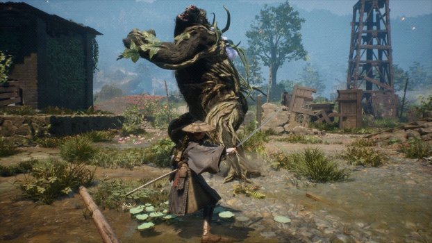 A lone swordsman fights a towering, tree-like monster in a muddy village with a windmill in the background.