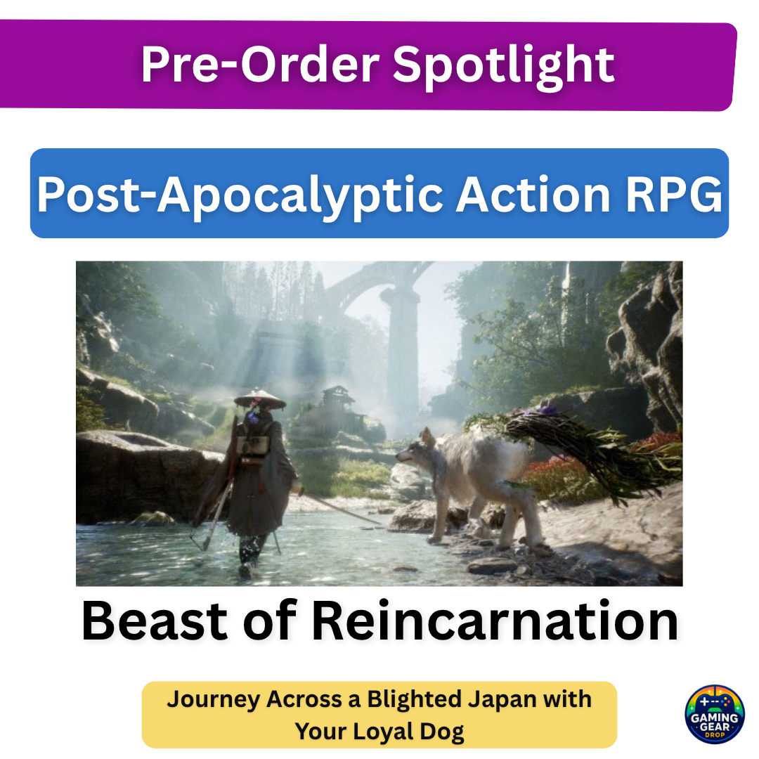 Promotional banner for Beast of Reincarnation: Pre-Order Spotlight; a samurai and loyal dog in a ruined forest in JapanDescr.