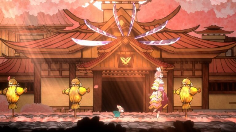 Cherry blossom-decorated stage with a traditional wooden temple, pink banners, and a pink armored character standing among two yellow dancer figures holding straw men.
