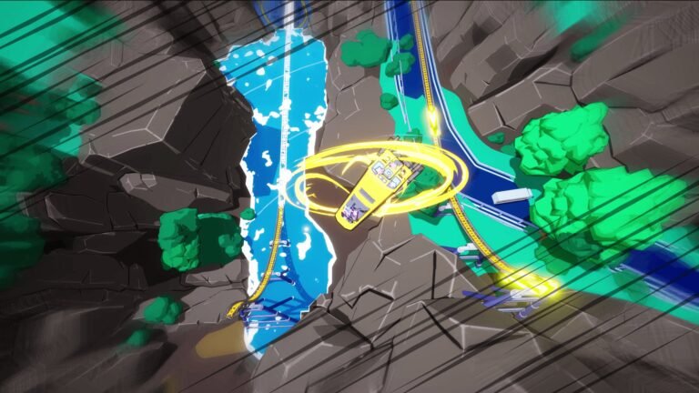 Denshattack! gameplay showing a customizable train drifting around a canyon track while performing a high-speed trick.