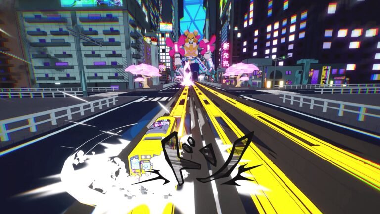 Denshattack! gameplay showing a customizable train speeding through a futuristic Japanese city while confronting a giant mech boss.