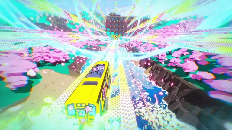 Denshattack! gameplay showing a customizable train speeding across glowing rails through a vibrant cherry blossom landscape.