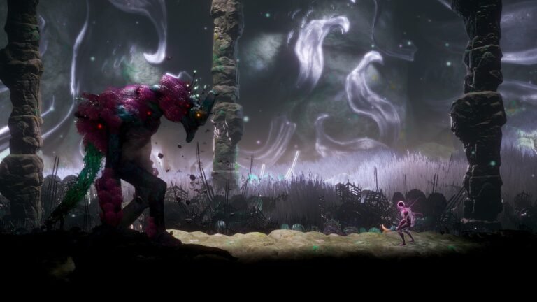 A towering multicolored alien creature with glowing red eyes confronts a small pink humanoid in a dark cavern with stone pillars and swirling light Wisp-like shapes.