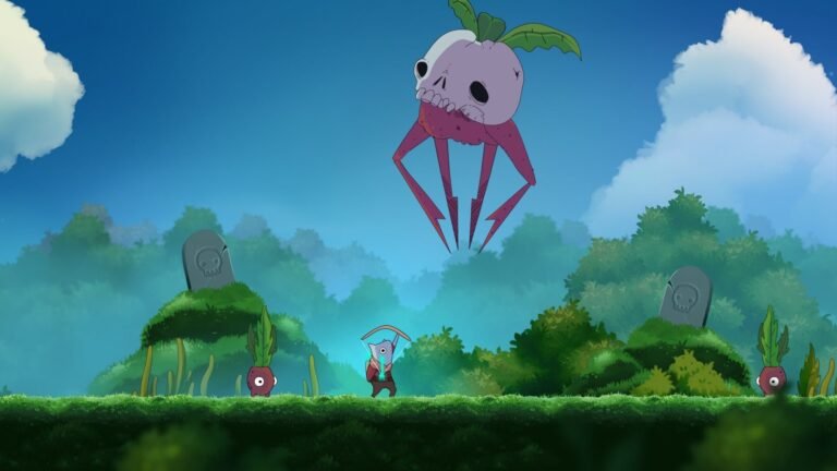 A large purple plant creature with a skull-like head floats above a misty graveyard as small characters stand below.