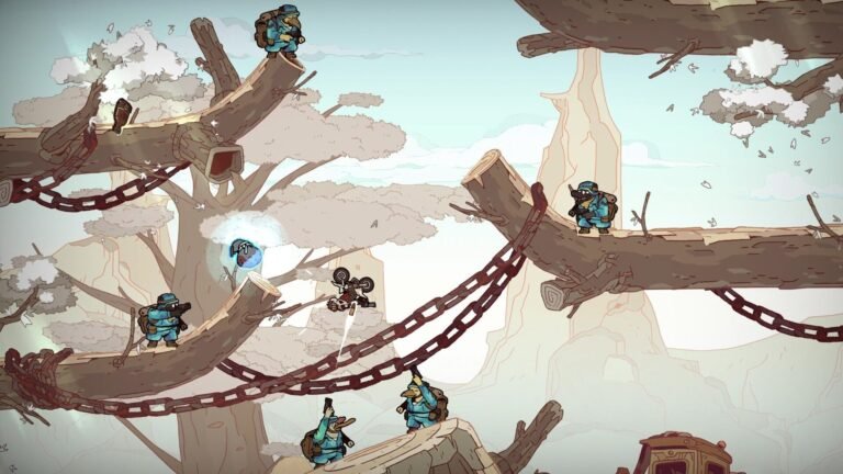Cartoon platform game scene with explorers in blue gear standing on large broken tree limbs connected by chains