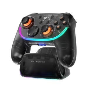 Close-up of a black gaming controller with orange analog sticks and a multicolor RGB ring around the edges.