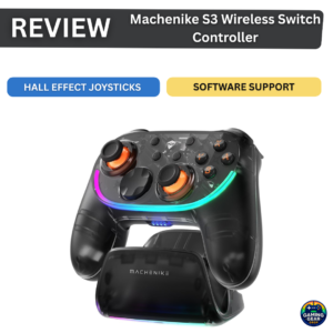 Review header for Machenike S3 Wireless Switch Controller with blue 'HALL EFFECT JOYSTICKS' and yellow 'SOFTWARE SUPPORT' buttons, and a rainbow-lit gamepad image.