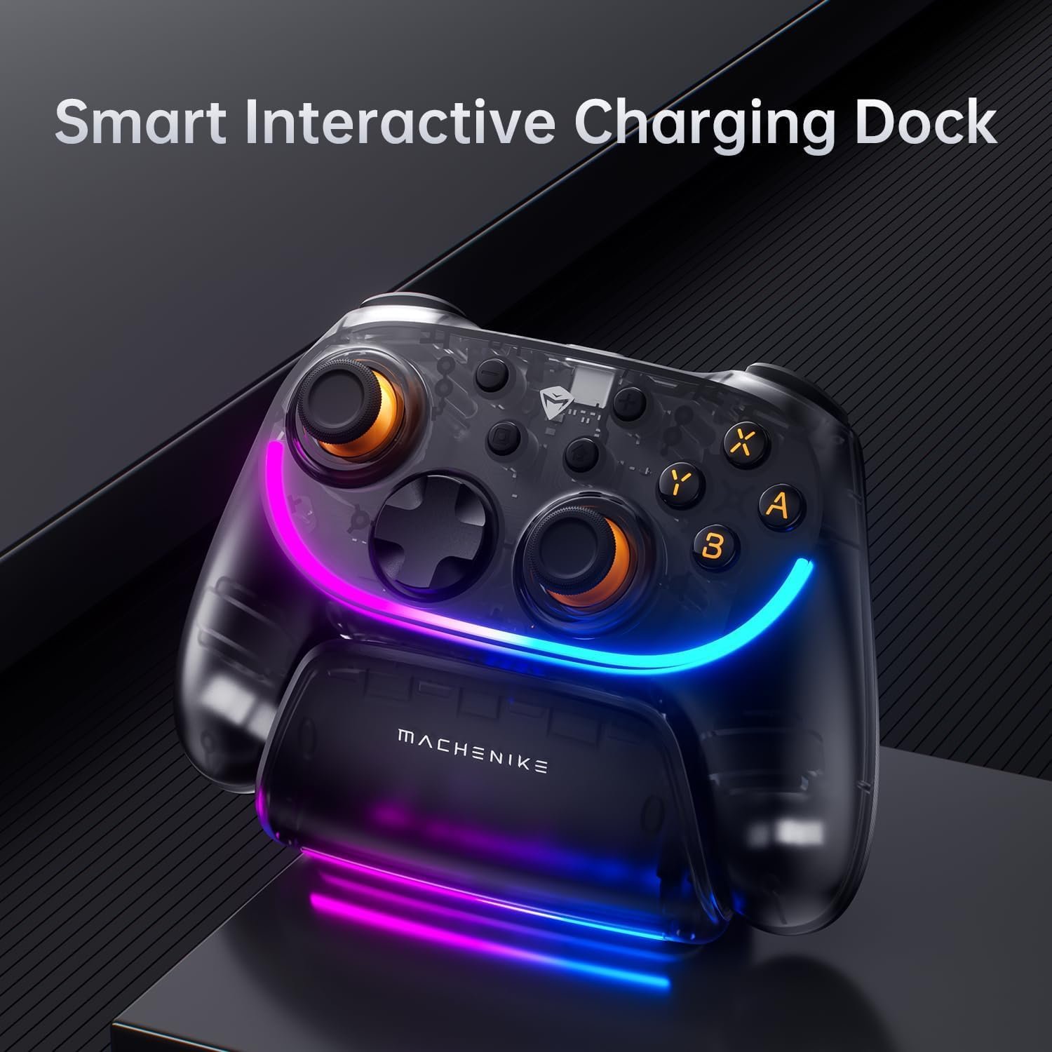 Transparent game controller on a glowing charging dock with blue and pink LED lights on a dark background.