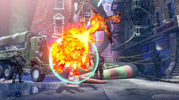 Superhero inside a glowing energy shield is engulfed in flames, firing an explosion toward armed enemies in a neon-lit city alley.