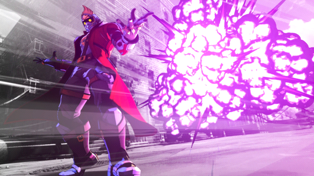 Animated action scene: a masked villain in a purple suit with a red cape stands in a city street as a large purple energy blast erupts to the right.