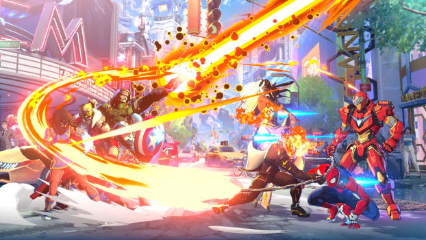 Heroic figures in a neon city clash with armored foes as a blazing energy beam arcs across a crowded street, explosions lighting the scene.