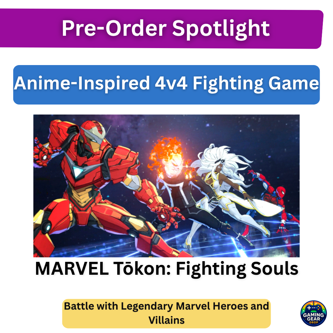 Marketing banner announcing a pre-order spotlight for an anime-inspired Marvel fighting game with bold purple and blue banners and character artwork.