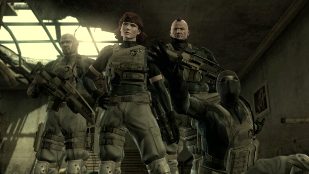 Four armed soldiers in tactical gear advance through a dim, ruined corridor.