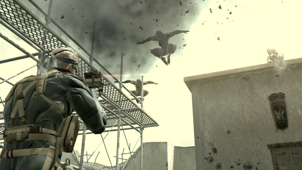 Soldier in tactical gear crouches on a metal scaffold, aiming a rifle at enemies leaping from a rooftop amid smoke mayhem.