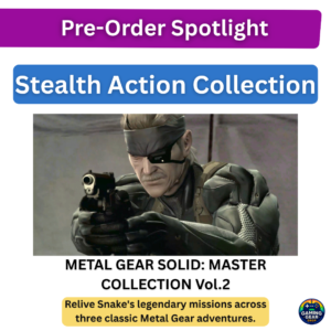 Promo banner for Metal Gear Solid: Master Collection Vol. 2 featuring Snake aiming a pistol, with 'Pre-Order Spotlight' and 'Relive Snake's legendary missions' captions.