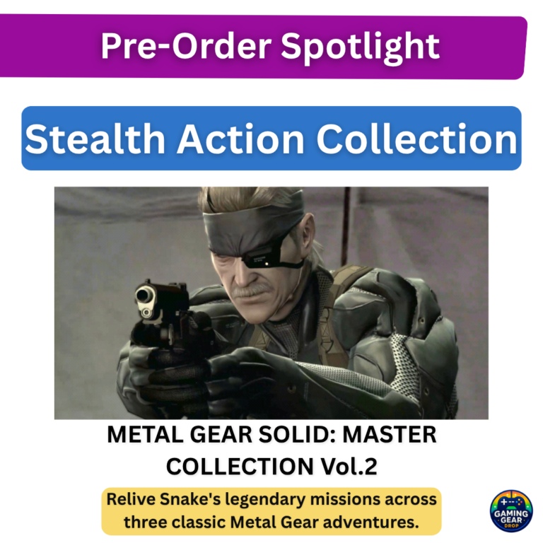 Promo banner for Metal Gear Solid: Master Collection Vol. 2 featuring Snake aiming a pistol, with 'Pre-Order Spotlight' and 'Relive Snake's legendary missions' captions.