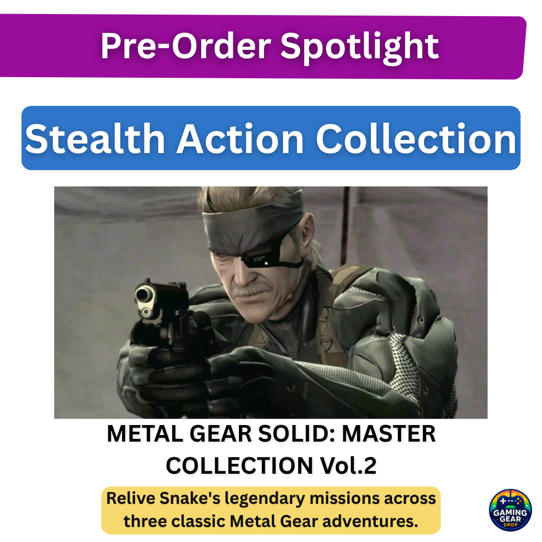 Promo banner for Metal Gear Solid: Master Collection Vol. 2 featuring Snake aiming a pistol, with 'Pre-Order Spotlight' and 'Relive Snake's legendary missions' captions.