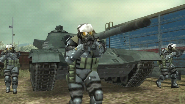 Three armored soldiers stand and aim rifles in front of a green military tank on a fenced battlefield.