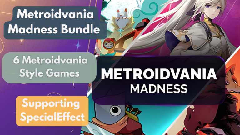 Promo banner for Metroidvania Madness Bundle featuring game artwork and three text callouts: ‘Metroidvania Madness Bundle’, ‘6 Metroidvania Style Games’, and ‘Supporting SpecialEffect’ (informative ad image).