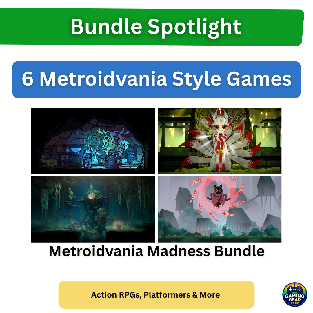 Promo banner: Bundle Spotlight with a green header and blue title, a 2x2 grid of Metroidvania-style game art, text 'Metroidvania Madness Bundle', and a yellow callout 'Action RPGs, Platforms & More' with Gaming Gear Drop logo.