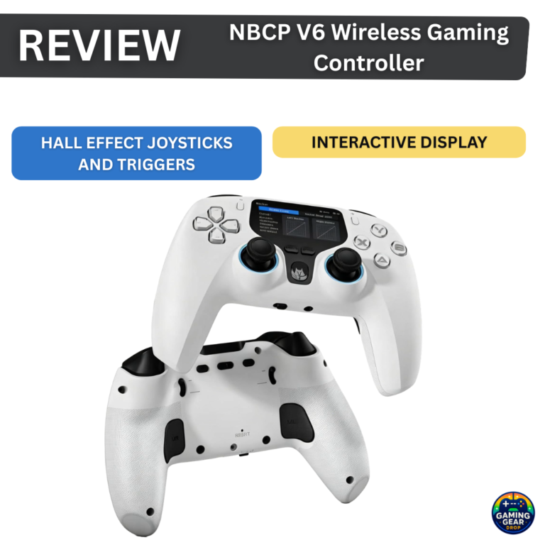 Review banner for NBCP V6 Wireless Gaming Controller with sections for Hall Effect Joysticks and Triggers and Interactive Display, plus gaming logo.