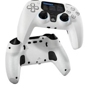 White wireless game controller with an ergonomic grip attachment for larger hand support.