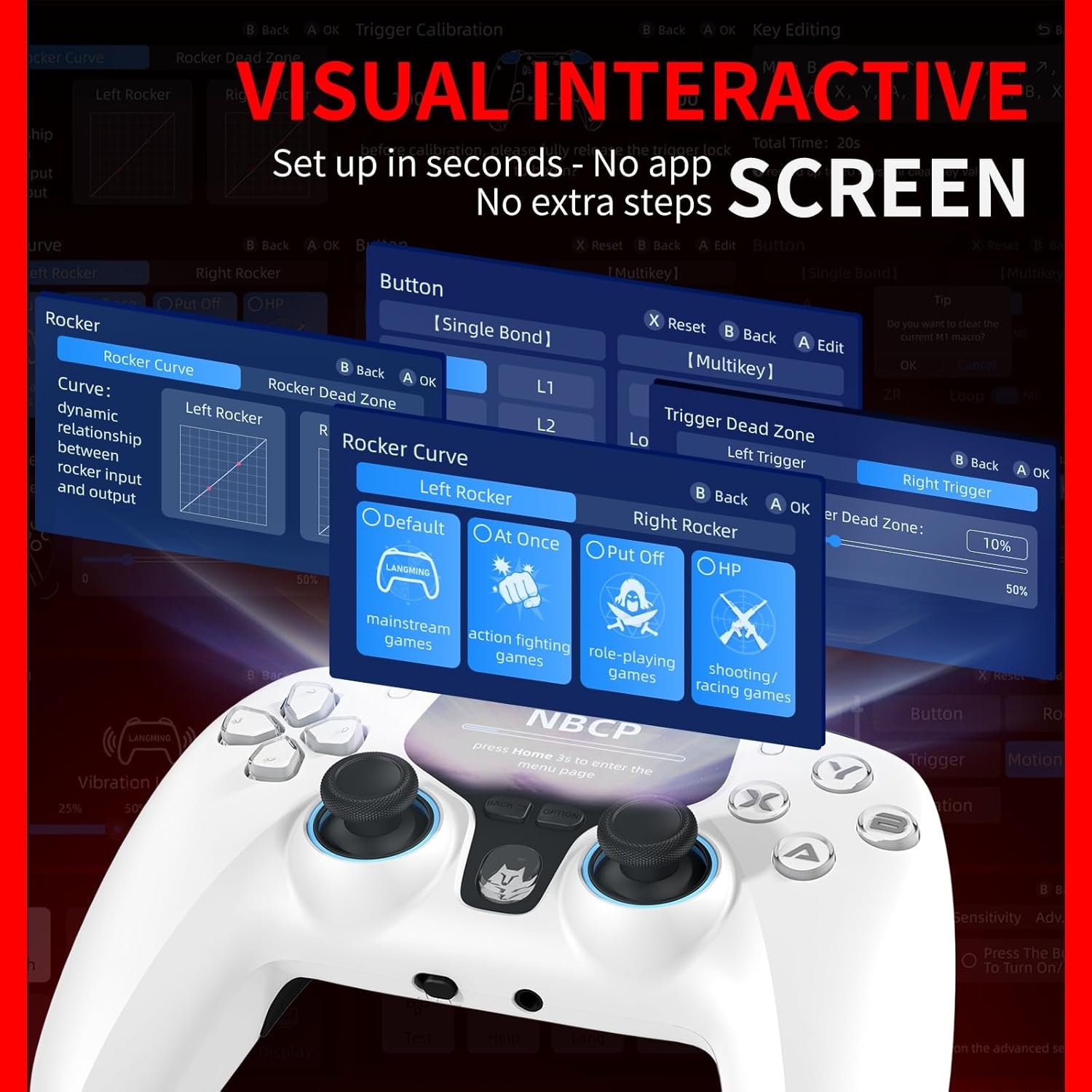 White game controller with layered blue on-screen UI panels labeled Rocker Curve and Multikey over a dark background, conveying a visual interactive screen for quick setup of controller features.
